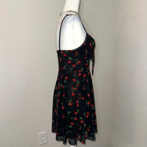 Cherry Print Mini Milkmaid Black Dress Women's Size S/M Casual Preppy - Picture 2 of 7